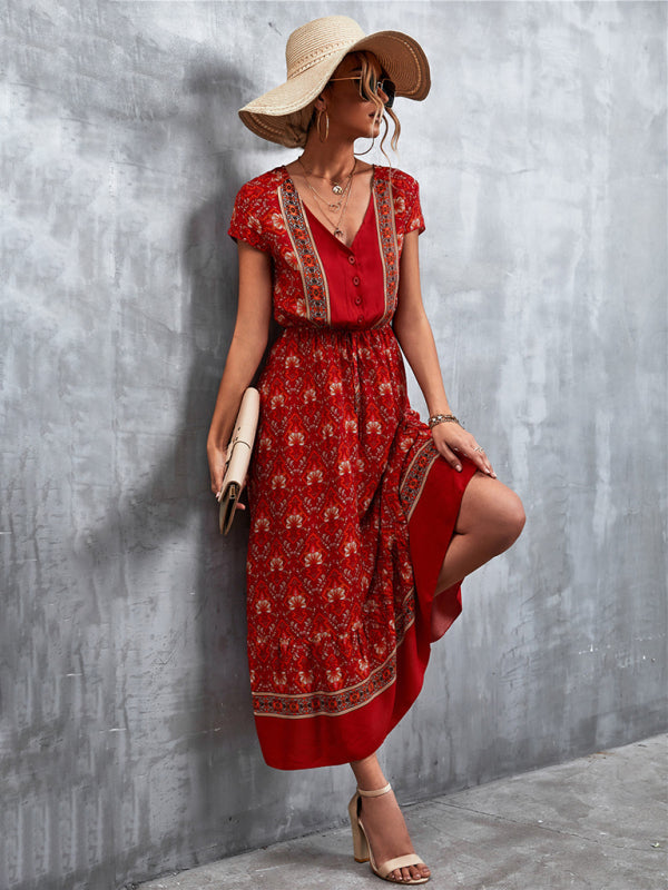 Women's Short Sleeves V-neck Long Bohemian Maxi Dress