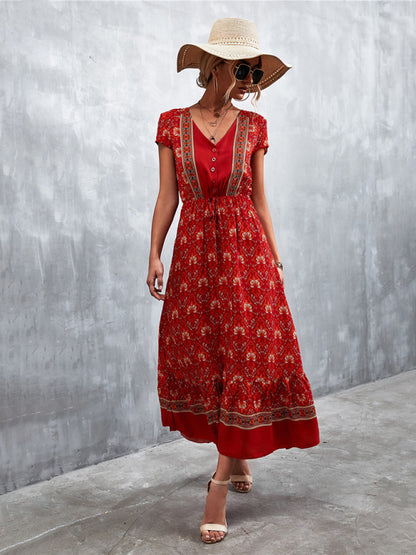 Women's Short Sleeves V-neck Long Bohemian Maxi Dress