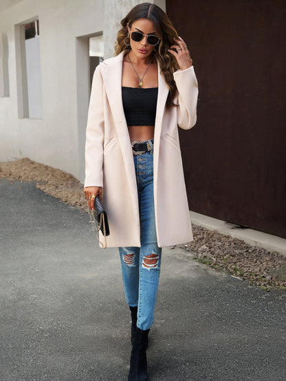Women's fashion woolen coat solid color temperament commuter cardigan coat kakaclo