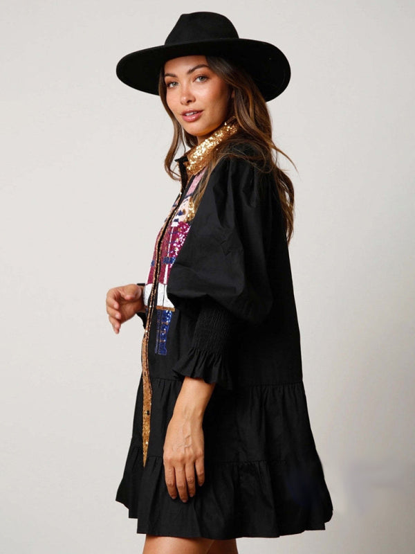 Contrast color long sleeve lapel Christmas sequin dress kakaclo