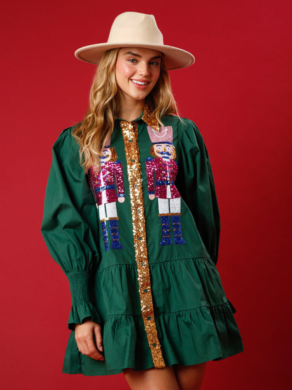 Contrast color long sleeve lapel Christmas sequin dress kakaclo