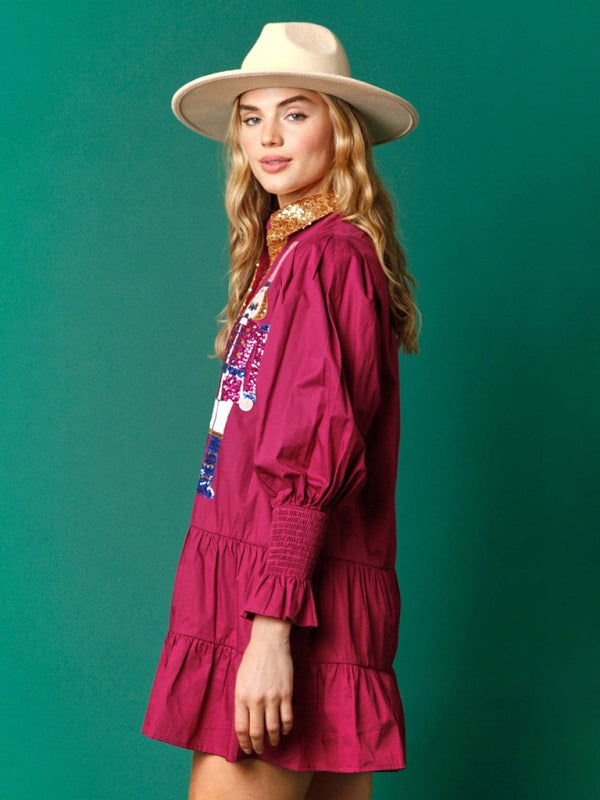 Contrast color long sleeve lapel Christmas sequin dress kakaclo