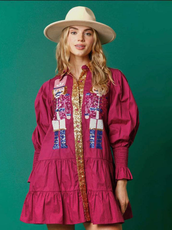 Contrast color long sleeve lapel Christmas sequin dress kakaclo