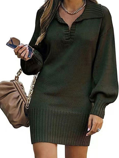 New women's sweater mid-length skirt lapel lantern sleeve pullover loose knitted sweater