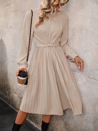 New women's long sleeve solid color pleated waist dress kakaclo