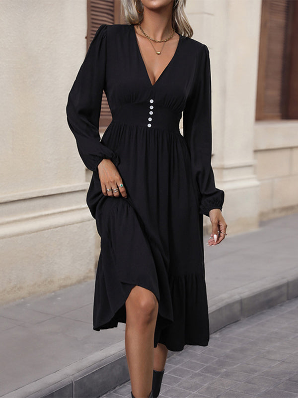 New women's long-sleeved solid color V-neck waist dress kakaclo