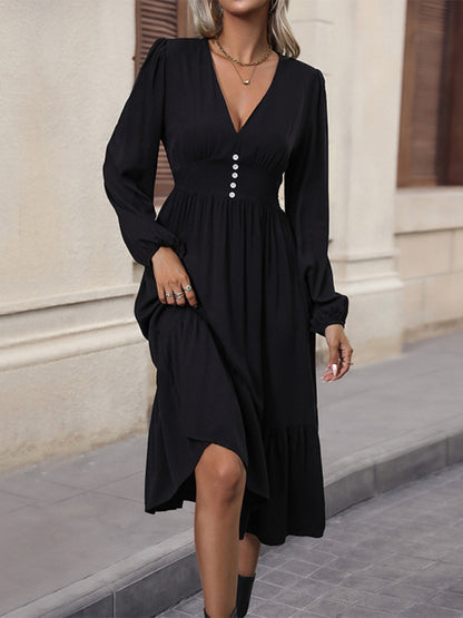 New women's long-sleeved solid color V-neck waist dress kakaclo