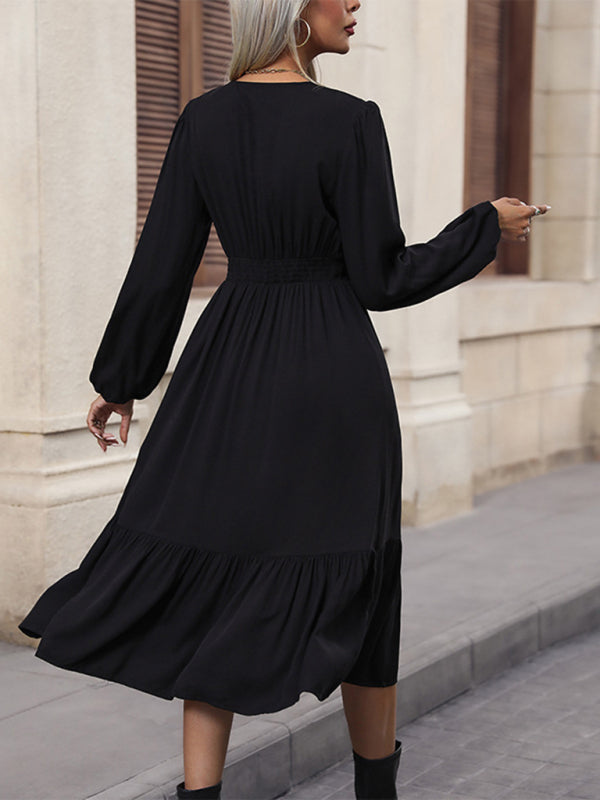 New women's long-sleeved solid color V-neck waist dress kakaclo