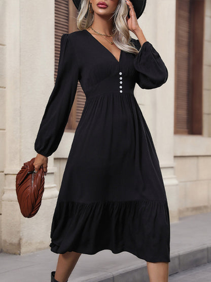 New women's long-sleeved solid color V-neck waist dress kakaclo